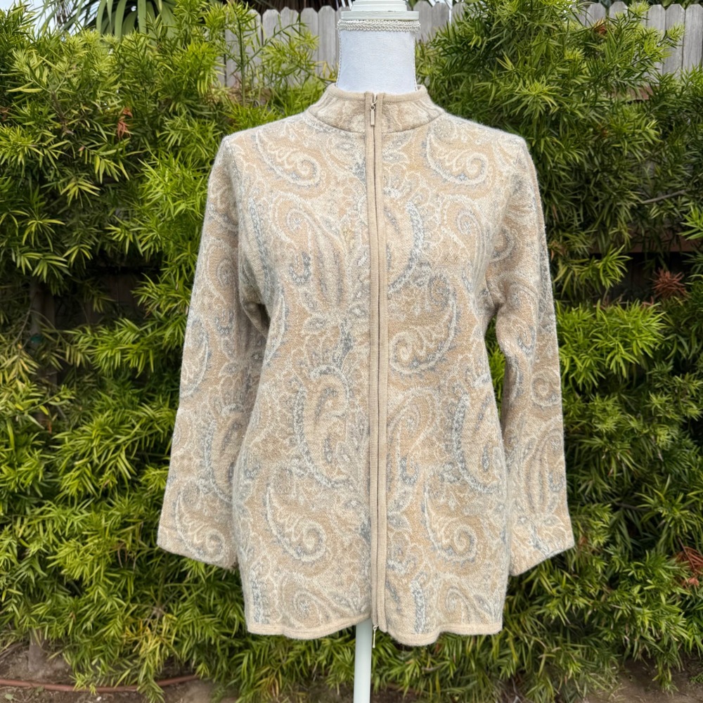 Pendleton Petite 100% Merino Wool Zip Up Sweater Jacket‎ Beige Paisley Print M